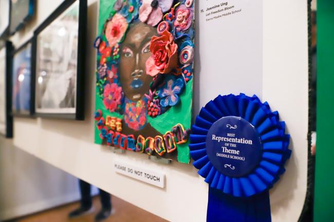 Close up of ribbon award for art show 