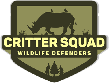 A logo featuring a silhouette of a rhinoceros with two birds on its back, above the text "Critter Squad Wildlife Defenders," with trees at the bottom, all in shades of green and brown.
