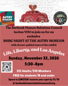 Event flyer for BHRC Night at the Autry Museum on November 22, 2026, from 5:30–8pm, featuring a docent-guided tour of the Life, Liberty, and Los Angeles exhibit. Includes a QR code and website for reservations.