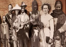 cardboard cutout of diverse individuals from the American West in the 19th century