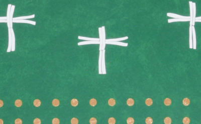 A green tapestry with five white crosses arranged in a pattern above a horizontal line of gold dots near the bottom.