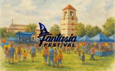 A watercolor-style image of a lively outdoor festival with families and children, a stage, vendor tents, and a tall tower. The words "Fantasia Festival" with a wizard hat logo are overlaid on the scene.