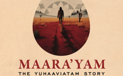 A silhouette walks in a red desert landscape inside a teardrop shape, with text below reading “MAARA’YAM: THE YUHAAVIATAM STORY.”.