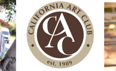 Left: Person painting outdoors by a tree. Center: California Art Club logo. Right: Person teaching painting to another at an easel, both wearing hats and sitting outside.