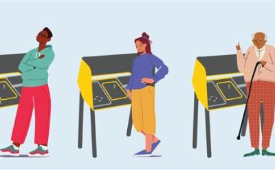 Four diverse people stand at accessible voting booths, each using a different posture. The booths have keypads and headphones, accommodating various needs.