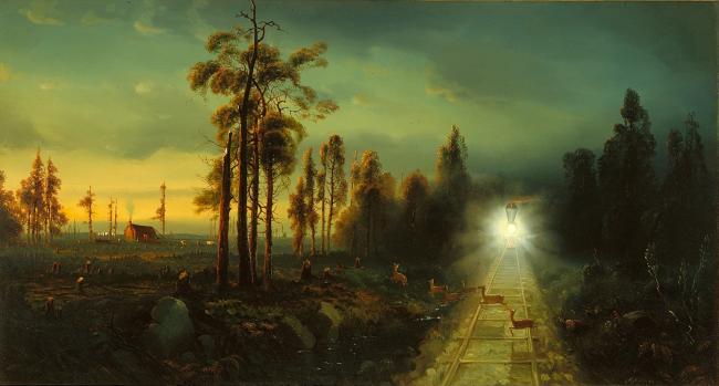 A painting of deer crossing a train ahead of an oncoming train