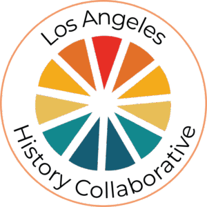 Circular logo with the text “Los Angeles History Collaborative” surrounding a sunburst design made of orange, red, yellow, and teal segments.