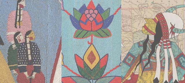 A collage featuring three panels: left, two Indigenous figures in beadwork patterns; center, a stylized beadwork floral motif on blue; right, a Native figure in colorful regalia overlaid on a map.