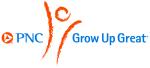 PNC Grow Up Great logo featuring orange abstract figure with raised arms next to the PNC wordmark and the phrase "Grow Up Great" in blue.