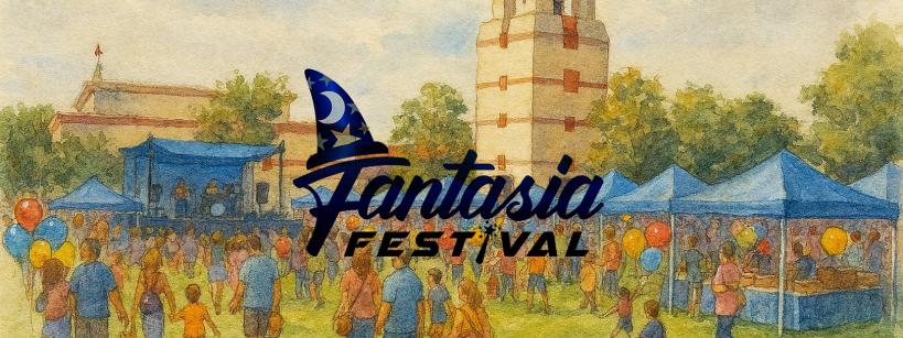 A watercolor-style image of a lively outdoor festival with families and children, a stage, vendor tents, and a tall tower. The words "Fantasia Festival" with a wizard hat logo are overlaid on the scene.