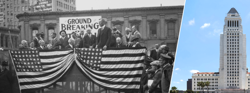 A black-and-white photo of a groundbreaking ceremony with people and an American flag, next to a color photo of a tall government building with palm trees in front.