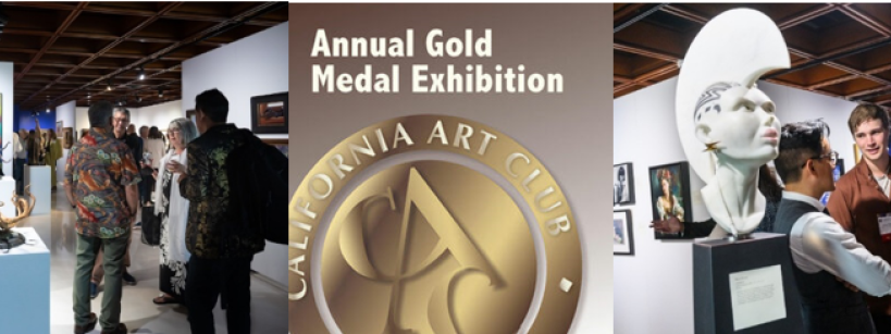 People view paintings and sculptures at the California Art Club’s Annual Gold Medal Exhibition, with a central image of the event’s gold medal and text highlighting the exhibition.