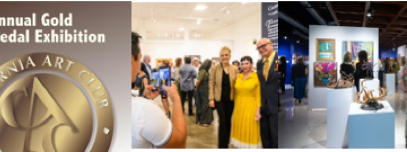 Collage shows a gold medal, people viewing art displays, and gallery walls with paintings and sculptures at the California Art Club’s Annual Gold Medal Exhibition.