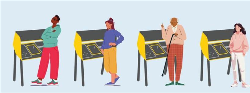 Four diverse people stand at accessible voting booths, each using a different posture. The booths have keypads and headphones, accommodating various needs.