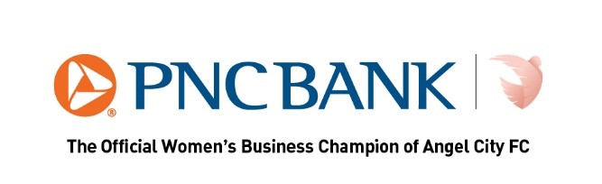 Logo of PNC Bank alongside the Angel City FC wing icon, with text below reading "The Official Women’s Business Champion of Angel City FC.