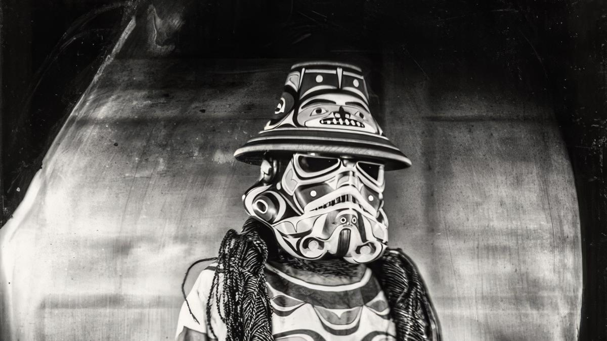 A person dressed in an intricately designed costume featuring Native American patterns and symbols, including a mask resembling a Stormtrooper helmet and a wide-brimmed hat. They hold a small decorated object in one hand and wear multiple necklaces. Black and white photo.