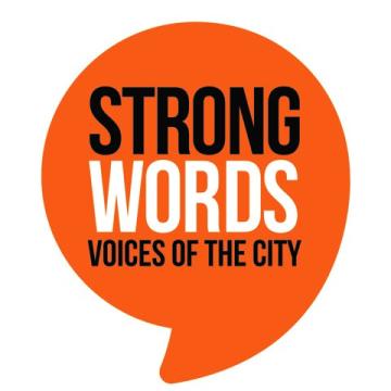 An orange speech bubble with the text "Strong Words: Voices of the City" in bold black and white letters.