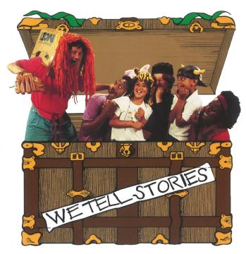 Six people dressed in playful costumes stand inside an illustrated treasure chest labeled "WE TELL STORIES," smiling and laughing together in a lively, theatrical scene.