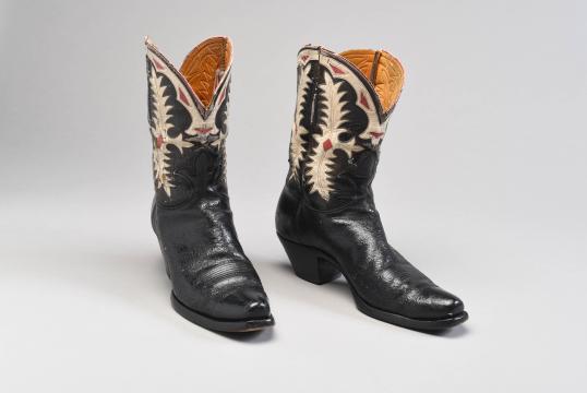 A pair of black leather cowboy boots with pointed toes, low heels, and intricate white and red stitched patterns on the shafts, set against a plain light gray background.