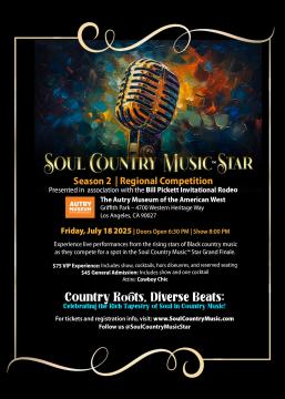 Soul Country Music Star event flyer featuring a glowing golden guitar surrounded by swirling blue lights. Event details include date, location, ticket prices, and highlights for a music competition celebrating Black country musicians.