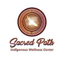 Logo for Sacred Path Indigenous Wellness Center featuring a circular emblem with traditional patterns and an eagle in the center, with the organization’s name below in stylized text.