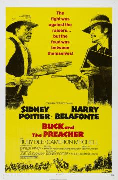 Movie poster for "Buck and the Preacher" shows two men, one holding a gun and the other a Bible, facing each other on a yellow background with red text and credits below.