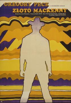 A stylized movie poster shows the silhouette of a cowboy against a vibrant yellow, purple, and orange abstract background with bold text reading "Gregory Peck Złoto Mackenny" at the top.