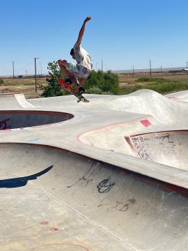 A skateboarder in mid-air performs a trick over a concrete skatepark bowl under a clear blue sky, with dry fields and power lines in the background.