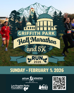 Runners participate in a race beside a large illustrated sign reading “Griffith Park Half Marathon and 5K Run 2026, Sunday, February 1, 2026,” with sponsor logos at the bottom and Griffith Observatory in the graphic.