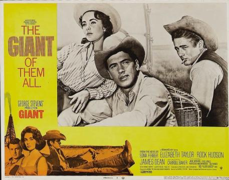 Vintage movie poster for “Giant” featuring three people in cowboy hats in black and white. The title "The Giant of Them All" is in bold yellow and red text, with cast and credits listed below.