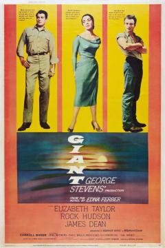 Vintage movie poster for "Giant" featuring James Dean, Elizabeth Taylor, and Rock Hudson standing separately above the film's title in bold letters, with vibrant red and yellow background panels.