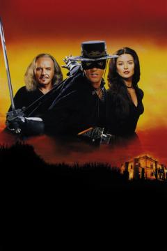Three people stand in front of a dramatic sunset—one in a black mask and hat wielding a sword, flanked by a man with long hair and a woman in black—above a shadowy landscape and an old building.