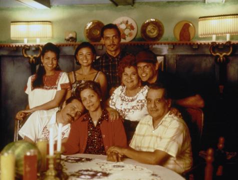 A group of nine people, smiling and gathered around a table in a warmly lit, homey room decorated with plates and lamps, posing for a family photo.