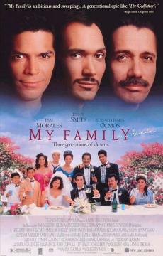 Movie poster for “My Family,” featuring three men’s faces at the top and a large family group dressed formally and celebrating outdoors with flowers. The tagline reads, “Three generations of dreams.” Actor names are listed.