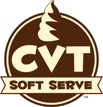 A brown and cream-colored logo featuring a swirl of soft serve ice cream above large letters "CVT" and a banner below reading "SOFT SERVE.