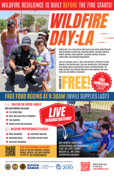 A flyer promoting Wildfire Day: LA, featuring fire safety demos, family activities, and free admission at the Los Angeles Zoo. Includes images of firefighters, children, and event details. Free food and live demonstrations advertised.