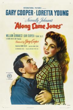 Movie poster for “Along Came Jones” starring Gary Cooper and Loretta Young, featuring an illustration of the two actors embracing.