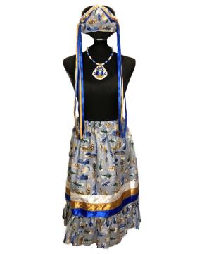 mannequin with mask with long blue and gold ribbons on the sides matching necklace and skirt