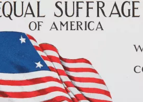 American flag flying under the text "United Equal Suffrage States of America"