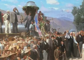 painting of crowd in 19th century attire standing on and around two steam engines