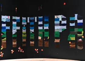 letters comprising of colorful crocheted pieces spelling out "Griffith Park"