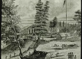 black and white illustration of trees surrounding wooden sheds, with rolling hills in the background