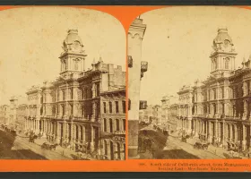 Stereo image of Merchants’ Exchange in San Francisco, California, that was created during the Gold Rush for merchants (businessmen) to trade or exchange goods. It was an important trading center on the West Coast.
