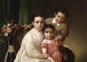 Three children pose indoors with a brown dog. Two girls sit in front—one in a white dress on a chair, the other in a pink dress petting the dog. A boy stands behind them, smiling as he feeds the dog. A vase of flowers sits nearby.