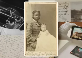 A collage of historical archives: old photos, handwritten letters, a vintage sewing machine, gloved hands handling artifacts, and an African American woman holding a baby in a sepia portrait.