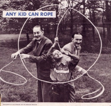 Dave Knox on the left, Bill Reese on the right, and Jan Lawson at center demonstrate the ease of the Trick Lasso, Roy Rogers and Dale Evans Archives, Library and Archives, Autry Museum; T2010-28.