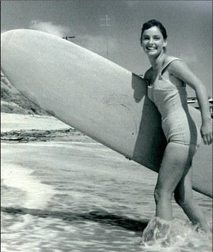 Kathy Gidget with surfboard