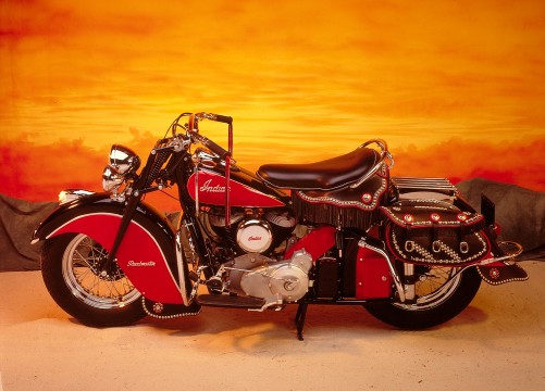 Indian Roadmaster motorcycle, 1948, Indian Motorcycle Manufacturing Company, Leather, metal