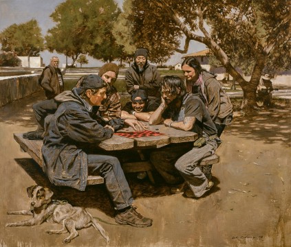 Warren Chang, Checkers at Custom House Plaze, oil on canvas, 34 in. x 40 in.