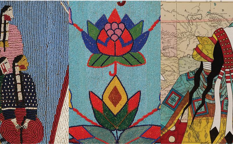 A triptych featuring Native American beadwork and art: left, two figures in traditional attire; center, a colorful floral beadwork design; right, a figure in regalia overlaid on a map.